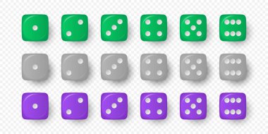 Vektör 3d Gerçekçi Yeşil, Gri ve Mor Oyun Dice Simgesi Kapatma Beyaz Arkaplan 'da izole edildi. Kumar Küpleri, Kumarhane Dizleri Bir 'den Altı Nokta' ya Yuvarlak Kenarlar.