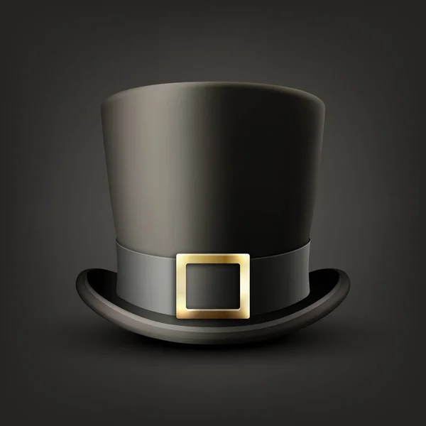 黒の背景に隔離されたベクトル3D現実的なブラックトップハットの閉鎖 クラシックレトロヴィンテージトップ帽子 ヴィンテージ紳士メンズ帽子 フロントビュー — ストックベクタ