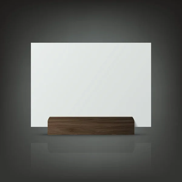 ベクトル3D現実的なホワイト水平空の空白の用紙シート 木製のホルダーのカード スタンドアイコンの閉鎖 モックアップ メニューフレーム ブックレット用のデザインテンプレート アクリルテントカード 側面図 — ストックベクタ