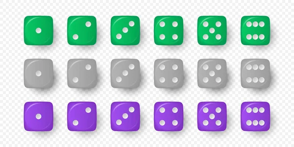 ベクトル3Dリアルなグリーン グレー パープルゲーム白の背景に隔離されたダイスアイコンを設定します ギャンブル カジノのダイスのためのゲームキューブ1から6ドット ラウンドエッジ — ストックベクタ