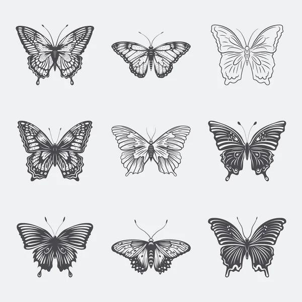 白を基調としたベクトルモノクローム黒と白の手描き蝶のアイコンセット 蝶のコレクション ヴィンテージベクトルデザイン蝶シルエットの要素 — ストックベクタ