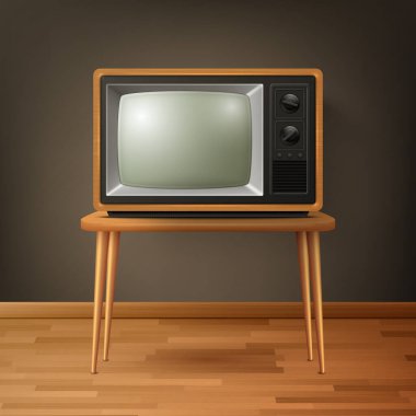 Tahta Masa 'da Vektör 3d Gerçekçi Kahverengi Tahta Retro TV Alıcısı. Ev Tasarımı Konsepti. Klasik TV Seti, Televizyon, Ön Görünüm.