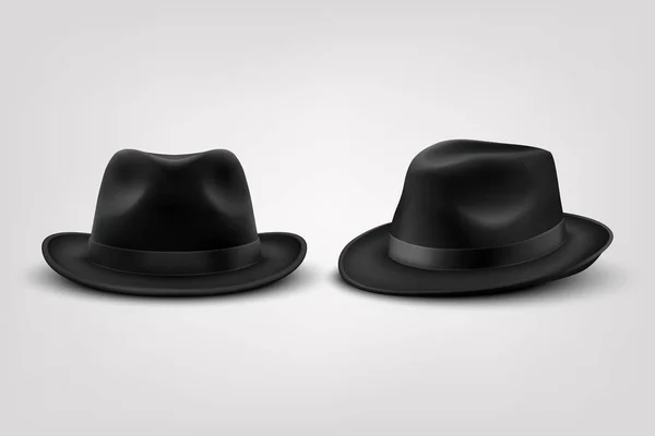 ベクトル3Dリアルなブラックヴィンテージクラシック紳士ブラック帽子 キャップアイコンセット白の背景に隔離された閉鎖 フロントとサイド ハーフターンビュー 男性のためのユニセックス帽子デザインテンプレート ベクターイラスト — ストックベクタ