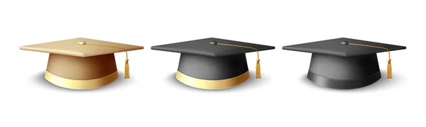 ベクトル3D現実主義大学院大学 大学キャップセット孤立した ベクトルゴールデンと黒の学位式の帽子 教育学生シンボル 帽子アイコン — ストックベクタ