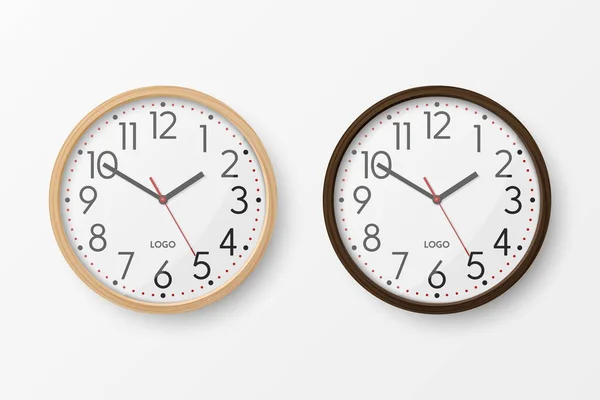 Vector Realistic Simple Brown Wooden Wall Office Clock Mit Weißem — Stockvektor