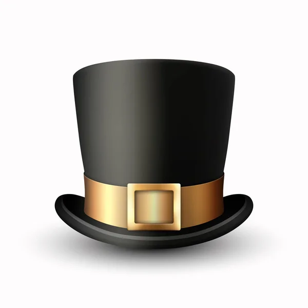 白の背景に隔離されたゴールデンベルトの閉鎖を持つベクトル3Dリアルなブラックトップハット クラシックレトロヴィンテージトップ帽子 ヴィンテージ紳士メンズ帽子 フロントビュー — ストックベクタ