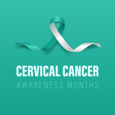 Servikal Kanser Banner, Card, Vektör 3 boyutlu Gerçekçi Teal ve Beyaz Kurdeleli Plaket Teal Arkaplanda. Servikal Kanser Bilinci Ay Sembol Kapanışı. Dünya Servikal Kanser Günü Konsepti.