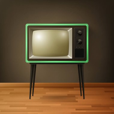 Vector 3d Gerçekçi Retro TV Alıcısı Tahta Zemin 'de. Ev Tasarımı Konsepti. Klasik TV Seti, Televizyon, Ön Görünüm.