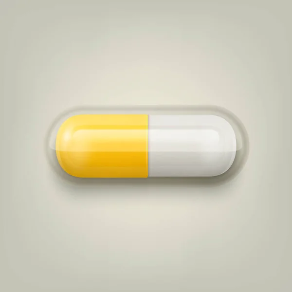 Píldora Médica Farmacéutica Amarilla Blanca Realista Del Vector Cápsula Tableta — Vector de stock