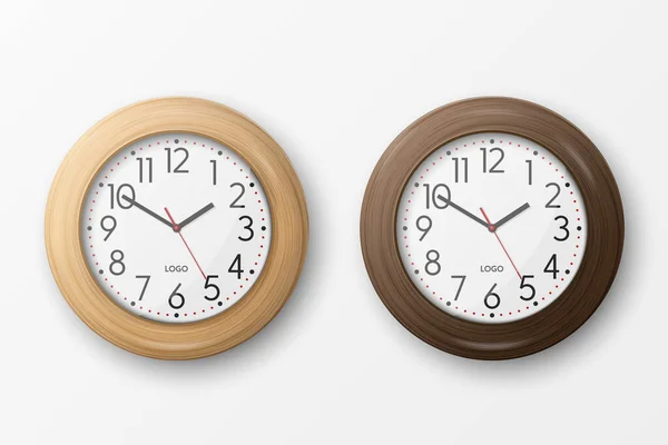 Vecteur Réaliste Simple Rond Brun Horloge Bureau Bois Avec Cadran — Image vectorielle