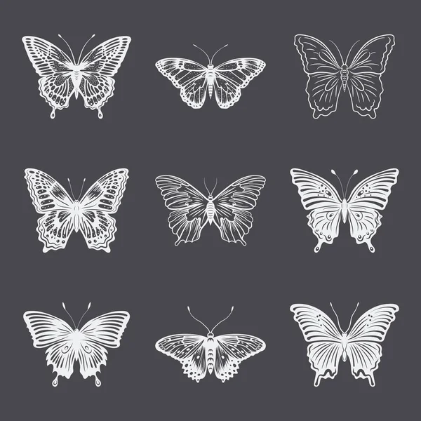 白を基調としたベクトルモノクローム黒と白の手描き蝶のアイコンセット 蝶のコレクション ヴィンテージベクトルデザイン蝶シルエットの要素 — ストックベクタ