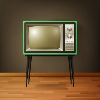 Vector 3d Gerçekçi Retro TV Alıcısı Tahta Zemin 'de. Ev Tasarımı Konsepti. Klasik TV Seti, Televizyon, Ön Görünüm.