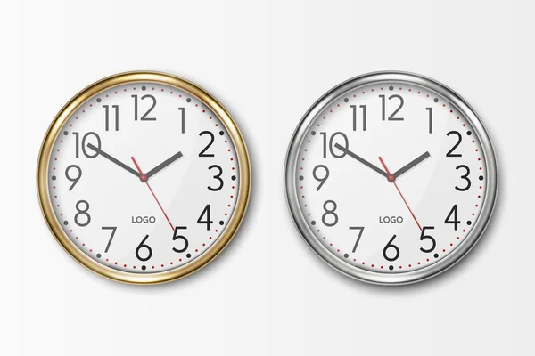 Vecteur Réaliste Simple Rond Jaune Gris Argent Horloge Murale Bureau — Image vectorielle