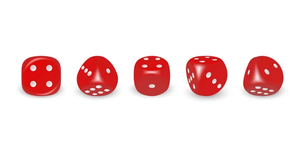 白のドットアイコンが付いているベクトル3D現実的な赤のゲームのダイスは白の背景に隔離された閉鎖を設定します 異なる位置でのギャンブルのためのゲームキューブ カジノのダイス ラウンドエッジ — ストックベクタ