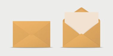 Vektör Gerçekçi Sarı Kapalı, Zarfların İçi Harflerle Kapalı. Katlanmış ve Açılmış Beyaz Zarf Simgesi, Mockup Set Kapanışı izole edildi. Mesaj, Uyarı, Tebrikler, Sürpriz, Gizli Konsept.