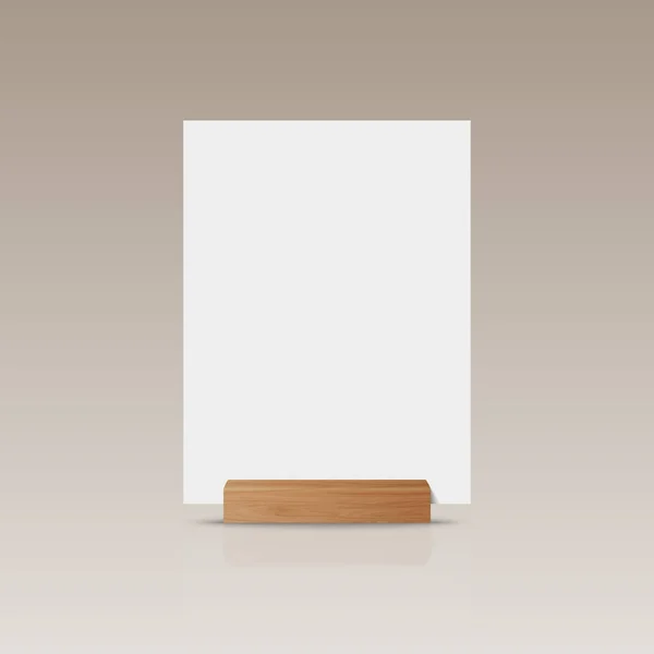Διάνυσμα Ρεαλιστικό Λευκό Κατακόρυφο Κενό Φύλλο Χαρτιού Κάρτα Ξύλινο Στήριγμα — Διανυσματικό Αρχείο