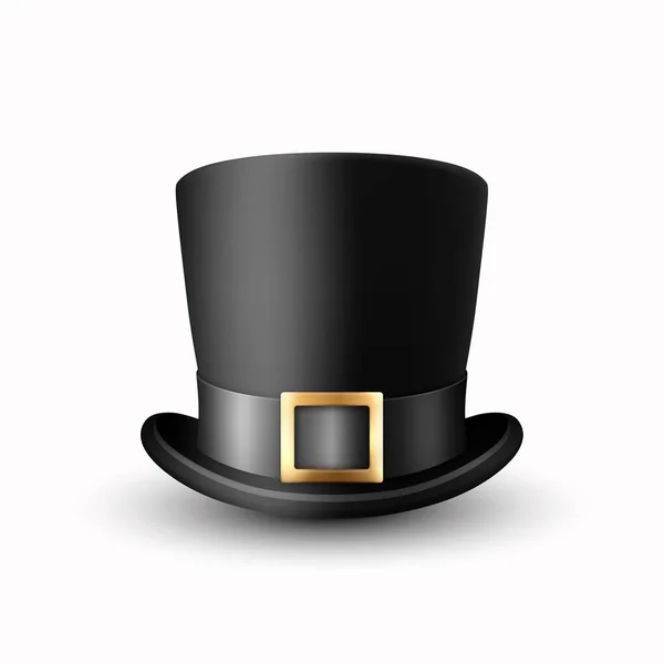 白の背景に隔離されたブラックベルトの閉鎖を持つベクトル3Dリアルなブラックトップ帽子 クラシックレトロヴィンテージトップ帽子 ヴィンテージ紳士メンズ帽子 フロントビュー — ストックベクタ