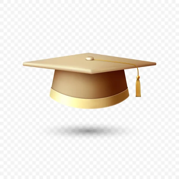 ベクトル3Dリアルな大学院大学 黄色のキャップ孤立した ベクトルゴールデン学位授与式帽子 教育学生シンボル 帽子アイコン — ストックベクタ