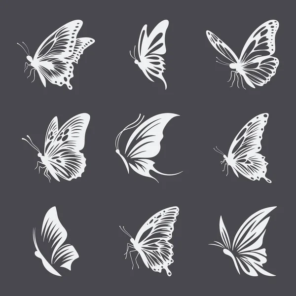 Vektor Černobílý Ručně Kreslený Motýl Ikona Sada Izolované Bílém Pozadí — Stockový vektor