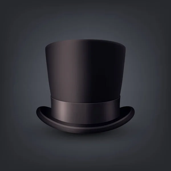 黒の背景に隔離されたブラックリボンのクローズアップとベクター3D現実的なブラックトップ帽子 クラシックレトロヴィンテージトップ帽子 ヴィンテージ紳士メンズ帽子 フロントビュー — ストックベクタ