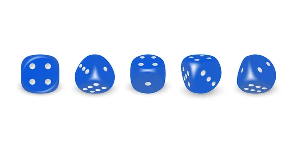 白のドットアイコンが付いているベクトル3D現実的なブルーゲームのダイスは 白の背景に隔離された閉鎖を設定します 異なる位置でのギャンブルのためのゲームキューブ カジノのダイス ラウンドエッジ — ストックベクタ