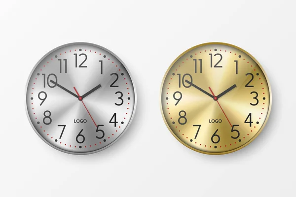 Vector Realistic Simple Yellow Golden Gray Silver Wall Office Clock — Stockvektor