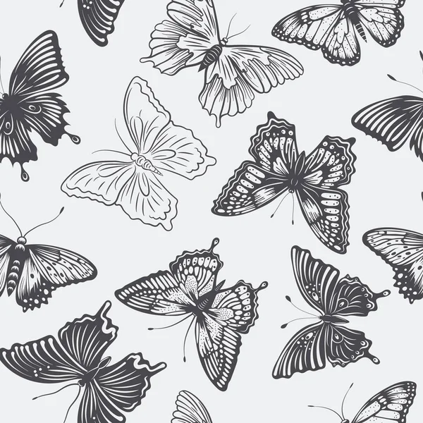 Vektorový Bezešvý Vzor Ručně Kreslenými Černými Motýly Bílém Pozadí Kolekce — Stockový vektor