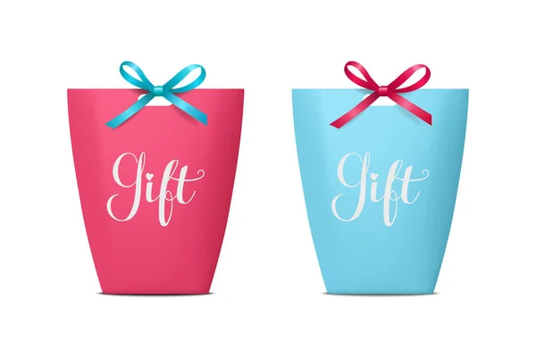 ベクトル3D現実的なピンクと青N紙ギフトバッグ ボックス用誕生日やパーティーでシルク弓 リボン 現在のアイコンセットのキャリーバッグ白の背景に隔離されました クリスマス 誕生日デザインテンプレート — ストックベクタ