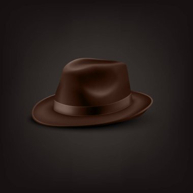 Vector 3d Gerçekçi Kahverengi Klasik Centilmen Siyah Şapka, Kapak Simgesi Kapanışı Siyah Arkaplan 'da izole edildi. Ön, Yarım Dön Görünümü. Mens Unisex Şapka Tasarım Şablonu. Vektör İllüstrasyonu.