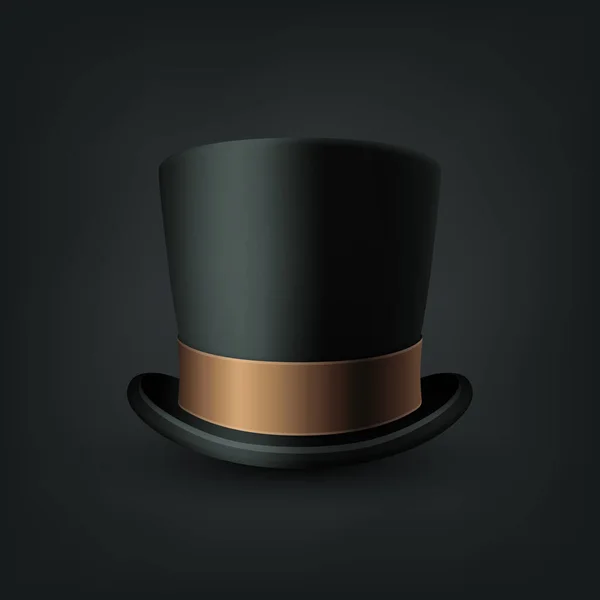 黒の背景に隔離されたブラウンゴールデンリボンのクローズアップとベクター3Dリアルなブラックトップ帽子 クラシックレトロヴィンテージトップ帽子 ヴィンテージ紳士メンズ帽子 フロントビュー — ストックベクタ