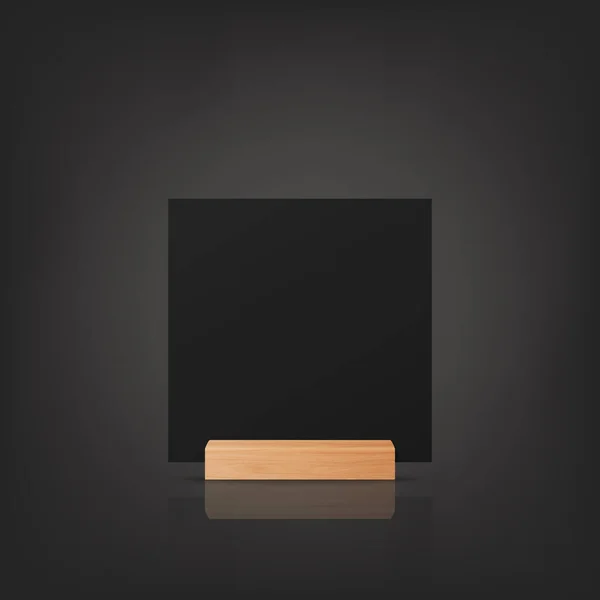 矢量3D现实的黑色方块垂直空白纸张 卡片上的木制托架 立柱图标关闭 设计壁炉架模板 菜单框架 小册子 丙烯酸帐篷卡 侧视图 — 图库矢量图片