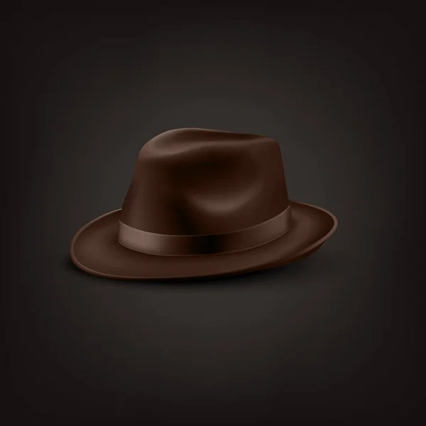 矢量3D写实主义布朗复古经典绅士黑帽 帽子图标闭锁孤立的黑色背景 半回转视图 Mens Unisex Hat设计模板 病媒图解 — 图库矢量图片