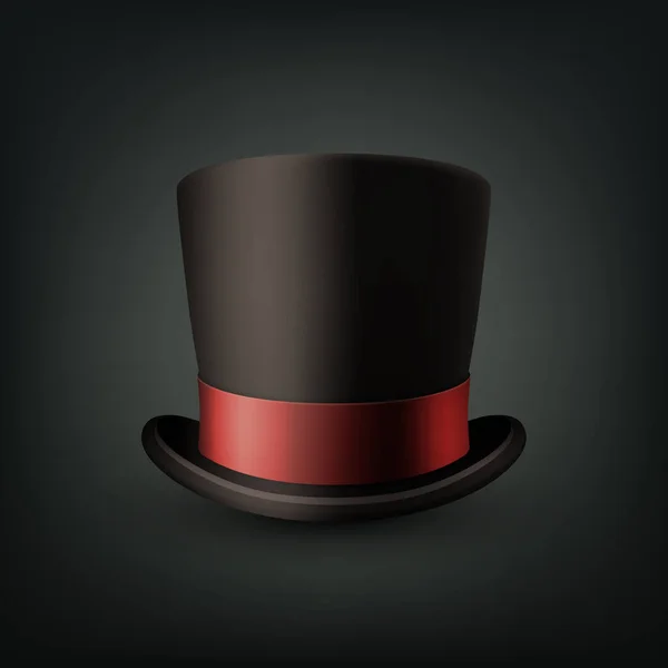 黒の背景に隔離された赤いリボンの閉鎖を持つベクトル3D現実的なブラックトップハット クラシックレトロヴィンテージトップ帽子 ヴィンテージ紳士メンズ帽子 フロントビュー — ストックベクタ