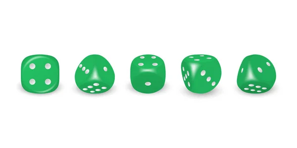 白のドットアイコンとベクトル3D現実的な緑のゲームのダイスは 白の背景に隔離された閉鎖を設定します 異なる位置でのギャンブルのためのゲームキューブ カジノのダイス ラウンドエッジ — ストックベクタ