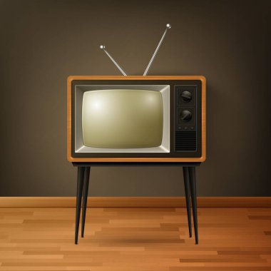 Vector 3d Gerçekçi Kahverengi Tahta Retro TV Alıcısı Tahta Zemin 'de. Ev Tasarımı Konsepti. Klasik TV Seti, Televizyon, Ön Görünüm.