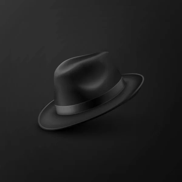 矢量3D现实的黑色复古经典绅士黑帽子 帽子Icon Closeup孤立的黑色背景 半回转视图 Mens Unisex Hat设计模板 病媒图解 — 图库矢量图片