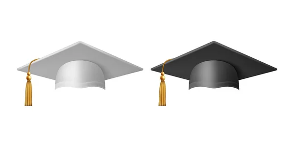 ベクトル3Dリアルな白と黒の大学院大学 大学ブラックキャップアイコンセットの閉鎖隔離された 学位授与式の帽子 教育学生のシンボル フロントビュー — ストックベクタ