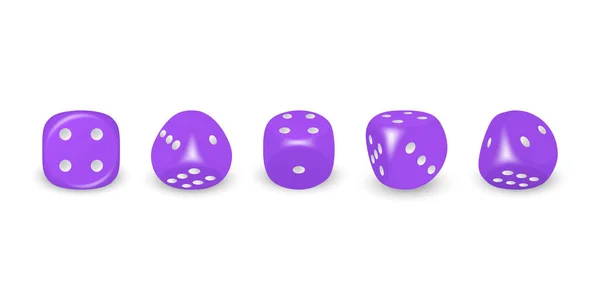 白のドットアイコンとベクトル3D現実的なパープルゲームダイスは 白の背景に隔離された閉鎖を設定します 異なる位置でのギャンブルのためのゲームキューブ カジノのダイス ラウンドエッジ — ストックベクタ