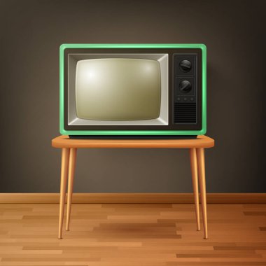 Vector 3d Gerçekçi Retro TV Alıcısı Tahta Zemin 'de. Ev Tasarımı Konsepti. Klasik TV Seti, Televizyon, Ön Görünüm.