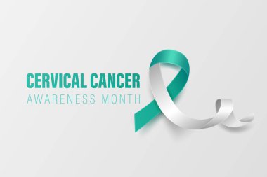 Servikal Kanser Banner, Kart, Beyaz Arkaplanda Vektör 3 boyutlu Gerçekçi Teal ve Beyaz Kurdele. Servikal Kanser Bilinci Ay Sembol Kapanışı. Dünya Servikal Kanser Günü Konsepti.
