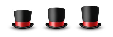 Vektör 3d Gerçekçi Siyah Şapka Simgesi Kırmızı Kurdele Kapanışı ile Kapanış Beyaz Arkaplan 'da izole edildi. Klasik Retro Vintage Top Hat, Vintage Gentlemans Mens Hat, Front View.