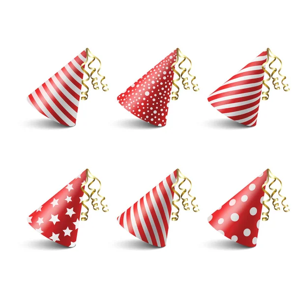 ベクトル3Dリアルな赤と白の誕生日パーティー帽子アイコンセット白の背景に隔離されています パーティーバナーのパーティーキャップデザインテンプレート グリーティングカード 休日の帽子 コーン形状 フロントビュー — ストックベクタ