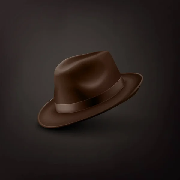 矢量3D写实主义布朗复古经典绅士帽 帽子Icon闭锁孤立的黑色背景 半回转视图 Mens Unisex Hat设计模板 病媒图解 — 图库矢量图片