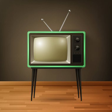 Vector 3d Gerçekçi Retro TV Alıcısı Tahta Zemin 'de. Ev Tasarımı Konsepti. Klasik TV Seti, Televizyon, Ön Görünüm.