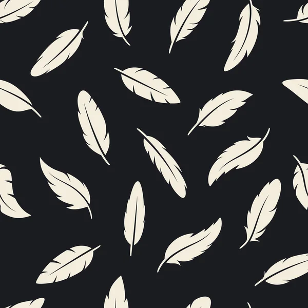 Vector Seamless Pattern White Different Black Fluffy Feather Silhouettes Black — Stock Vector
