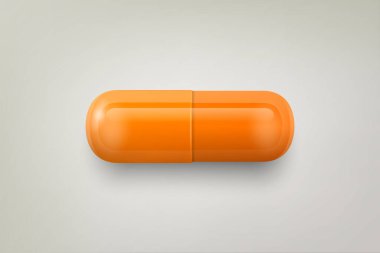 Vektör 3d Gerçekçi Turuncu Tıbbi İlaç, Kapsül, Beyaz Arkaplanda Tablet. Ön Manzara. Uzayı kopyala Tıp, Sağlık Konsepti.