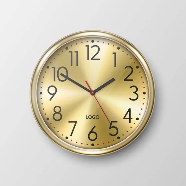 Vector Realista Simple Redondo Amarillo Dorado Pared Reloj Oficina Con — Vector de stock