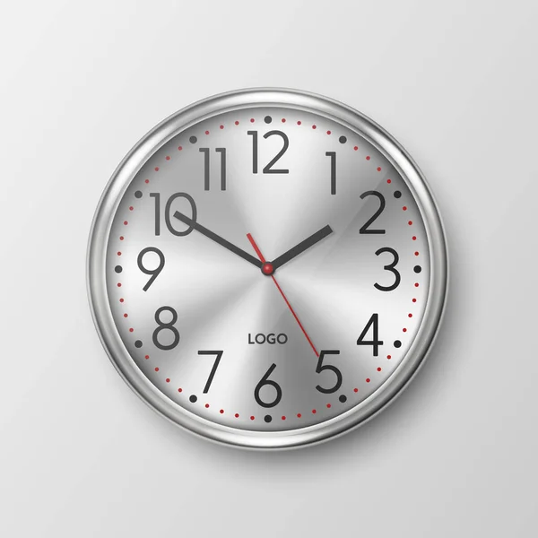 Vector Realistic Simple Grey Silver Wall Office Clock Mit Stahl — Stockvektor