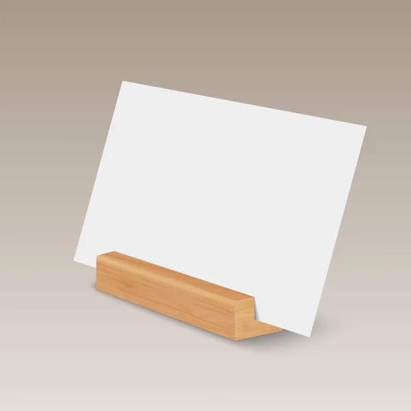 Векторный Трехмерный Белый Пустой Бланковый Бумажный Лист Карточка Вуденодержателе Подставка — стоковый вектор