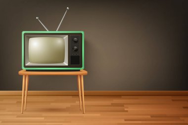Vector 3d Gerçekçi Retro TV Alıcısı Tahta Zemin 'de. Ev Tasarımı Konsepti. Klasik TV Seti, Televizyon, Ön Görünüm.